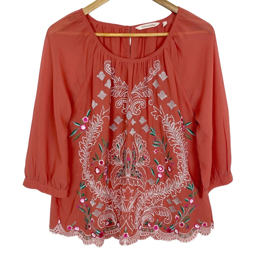 Soft Surroundings Embroidered Floral Blouse Top Womens L Scalloped Hem Boho Chic